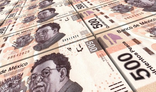 Mexican pesos bills stacks background. Computer generated 3D pho